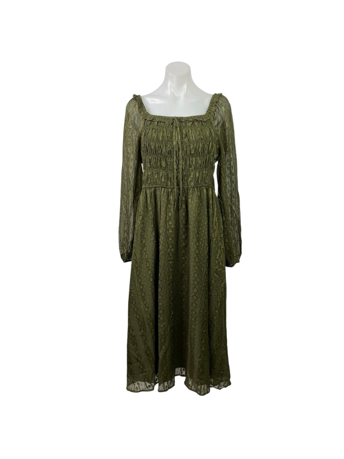 Skies Are Blue Green Mesh Long Sleeve Smocked Midi Maxi A-Line Flared Dress Sz M